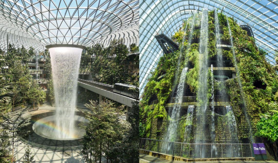 Indoor waterfalls at Jewel Changi Airport and Gardens by the Bay
